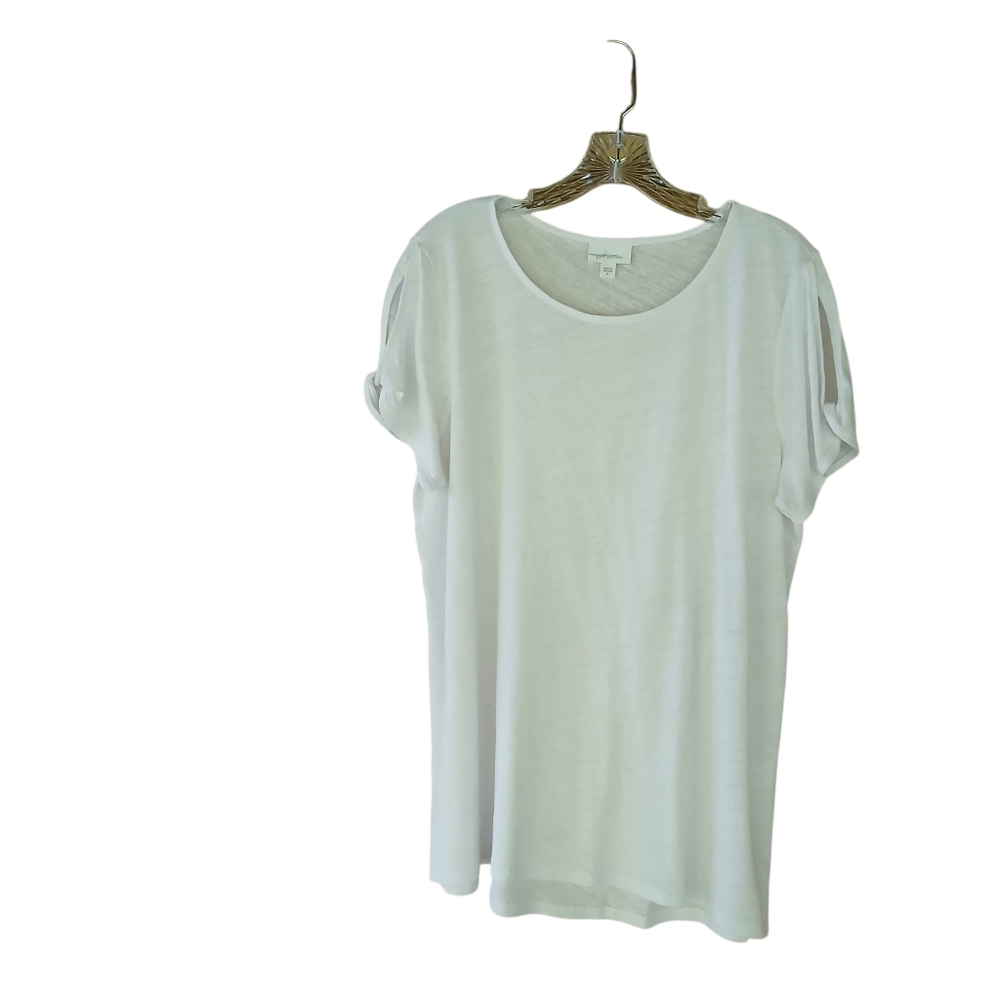J. Jill Love Linen White Crew Neck Split Sleeve Linen & Rayon Tee Shirt Medium